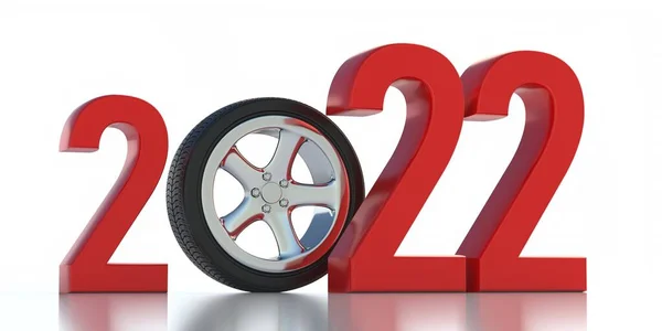 2022年新年安全驾驶概念 合金车轮上的铁丝在白色背景上隔离的红色数字之间 汽车零配件 司机车库 服务的贺卡 3D说明 — 图库照片