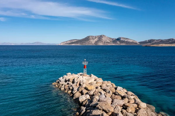 Breakwater Beacon Aerial Drone View Koufonisi Island Harbour Marina Rocky — Stock Photo, Image