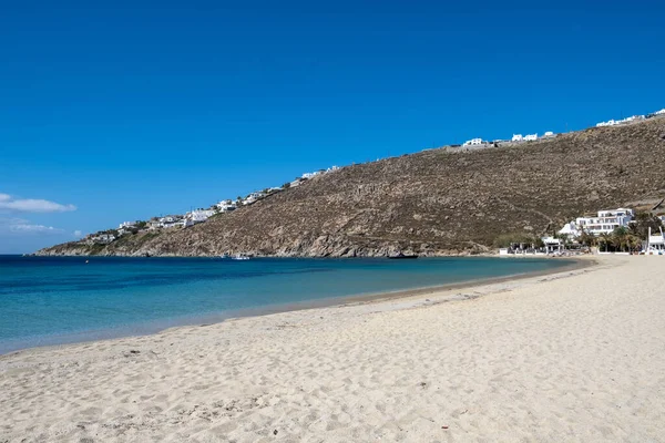 Isla Mykonos Cícladas Grecia Playa Arena Psarou Vacía Espacio Tarjeta — Foto de Stock
