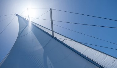 Yat rüzgarı açık mavi arka planda yelkenleri doldurdu. Açık denizde rüzgarla yelken açmak, yaz tatili konsepti. Gökyüzüne bakıyorum, güneş parlıyor, teknedeki güneş ışınları donanıyor, alçak açı görünüyor.