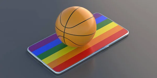 Balón Baloncesto Pantalla Colores Lgbt Teléfono Móvil Aislado Fondo Negro — Foto de Stock