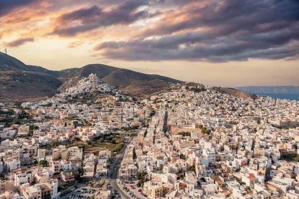 Ermoupolis Ano Syros Paysage Urbain Coucher Soleil Île Siros Grèce — Photo