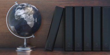 Dünya gezegeni ve okul kitapları ahşap kütüphane rafında, dünya haritası modeli metal stantta, öğrenci odası arka planında. Coğrafya dersi, eğitim. Haritacılık. 3d illüstrasyon