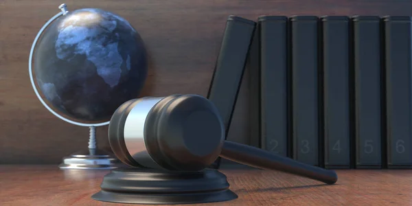 School Globe planet Earth, judge auction gavel and books on table, International law studies and worldwide laws and legislation concept, 3d illustration