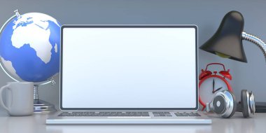 Boş ekran açık bilgisayar dizüstü bilgisayar, lamba kahve ve alarmlı saat, öğrenci masası, kopya alanı, şablon, üniversite eğitimi, çocuk odası, çalışma odası. 3d illüstrasyon