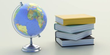 Dünya okul gezegeni ve kitaplar bir masanın üzerinde. Siyasi dünya haritası, ülkeler ve kıtalar, kartografi uluslararası eğitim kavramı. 3d illüstrasyon