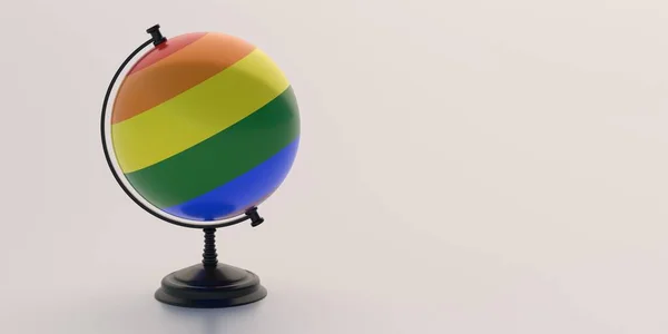 Gay Pride Flag Globe Planet Earth Stand White Color Background — Stock Photo, Image