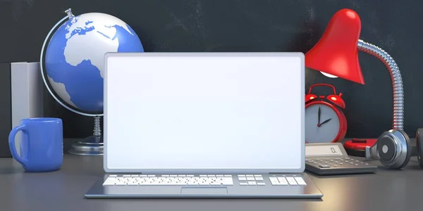 Blank Screen Open Computer Laptop Beleuchtete Lampe Globus Erde Und — Stockfoto