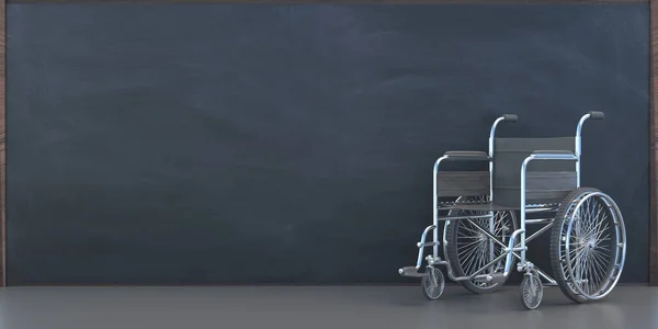 轮椅隔离在空旷的黑板背景上 医疗设备 学校教室 残疾学生受教育机会的概念 3D说明 — 图库照片