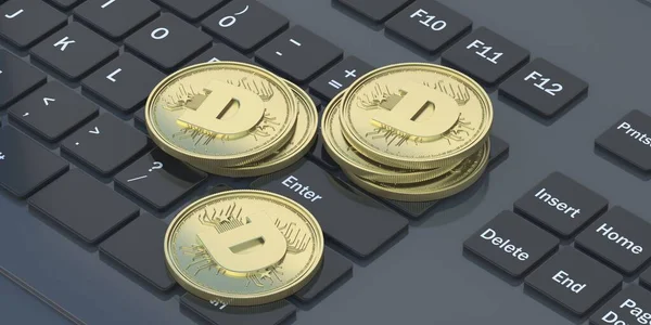 Dogecoin Crypto Νομίσματα Χρυσό Goge Νομίσματα Στοιβάζονται Μαύρο Υπολογιστή Laptop — Φωτογραφία Αρχείου