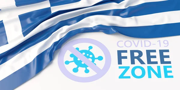 Greece Covid free zone sign. Information banner, Greek flag and text, COVID-19 free zone. Disinfected areas, vaccinated only concept. 3d illustratio