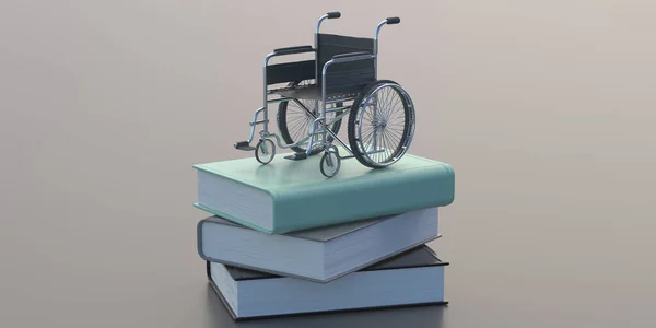 Sedia Rotelle Libri Pila Sfondo Grigio Attrezzature Mediche Accesso All — Foto Stock