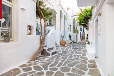 Kiklad. Paros Adası, Yunanistan. Beyazlatılmış binalar, dar kaldırım taşı sokakları ve merdivenler. Naousa köyünün geleneksel mimarisi beyaz ve mavi renklerde. Yaz tatilleri,