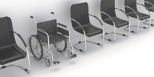 Lekarze Czekają Poczekalni Pusty Wózek Inwalidzki Krzesła Rzędzie Obsługa Pacjentów — Zdjęcie stockowe