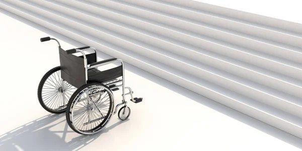 Wheelchair and stairs. Empty wheel chair infront of a staircase, no access for disabled and handicapped concept. 3d illustration