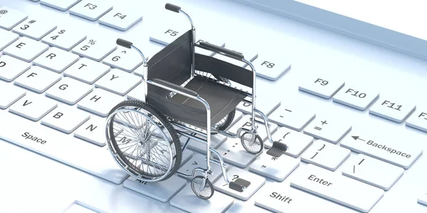 Disabled, handicapped and technology concept. Wheelchair empty on white computer laptop keyboard, 3d illustration