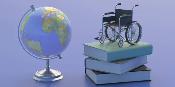 Globus Szkolny Ziemia Niepełnosprawny Wózek Inwalidzki Książkach Szare Tło Sprzęt — Zdjęcie stockowe