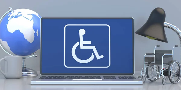 Gehandicapte Gehandicapte Thuiskantoor Concept Rolstoel Teken Symbool Een Laptop Scherm — Stockfoto