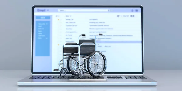 Behinderten Behinderten Und Technologiekonzept Rollstuhl Auf Einer Laptop Tastatur Schreibtisch — Stockfoto