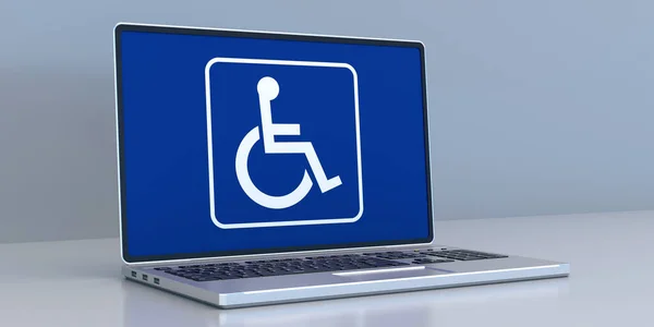Koncepcja Niepełnosprawności Niepełnosprawności Technologii Symbol Znaku Wózka Inwalidzkiego Ekranie Laptopa — Zdjęcie stockowe