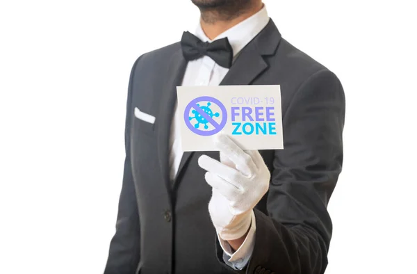 Covid Free Zone Sign 슈트를 웨이터 카드를 Covid 텍스트 — 스톡 사진