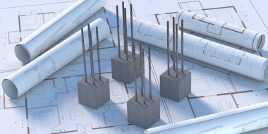 Güçlendirilmiş beton sütunlar, çelik çubuk takviyesi, temel planlar, yapım aşamasında, tamamlanmamış inşaat projesi ve yapısal tasarım konsepti. 3d illüstrasyon