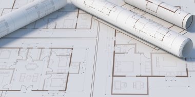 Mimarlık tasarısı geçmişi. Emlak, konut projesi inşaatı, mühendislik tasarımı konsepti. Konut çizim planları, mekan, mimar mühendisi ofis şablonu. 3d illüstrasyon