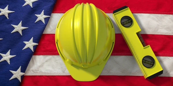 Hardhat Spirit Level United States America Flag Background Construction Industry — Stock Photo, Image