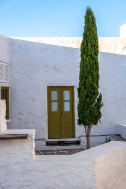 Çakıl taşı bahçesinde selvi ağacı, beyazlatılmış taş duvarlar geleneksel ev arka planı, kapalı ahşap kapı ve pencere. Milos Adası, Plaka Chora, Cyclades Yunanistan. Dikey