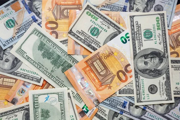 Банкноты Фон Банкноты Евро Долларов Сша Сложены Вид Сверху Денежные — стоковое фото