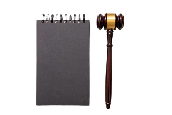 Ноутбук Молоток Судьи Аукциона Черная Пустая Твердая Обложка Спирального Блокнота — стоковое фото