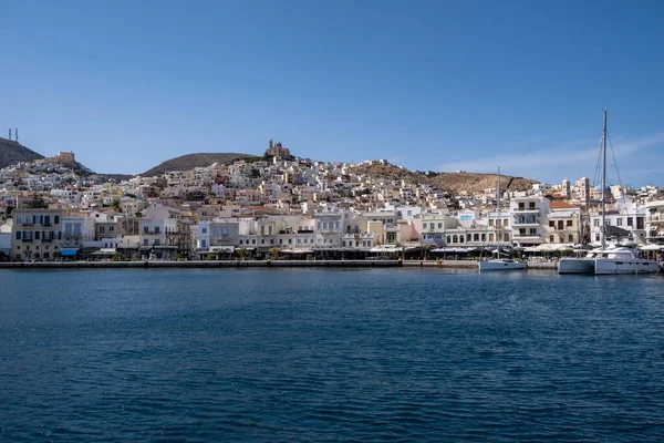 Île Syros Cyclades Grèce Ermoupolis Ville Front Mer Bâtiments Traditionnels — Photo