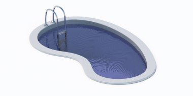 Merdivenle şekillendirilmiş yüzme havuzu böbreği ve beyaz arka planda izole edilmiş temiz su dalgalanması. Yaz çocukları tatil ve eğlence, otel tesisi. 3d illüstrasyon