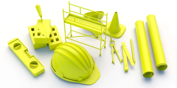 建筑工程施工及设计 安全设备及现场工作工具 白色底色黄褐色配件 3D说明 — 图库照片