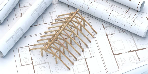 屋顶建造业和设计 木构桁架 屋梁结构在工程蓝图上的背景图 屋顶承包商和工程师办公室 3D说明 — 图库照片