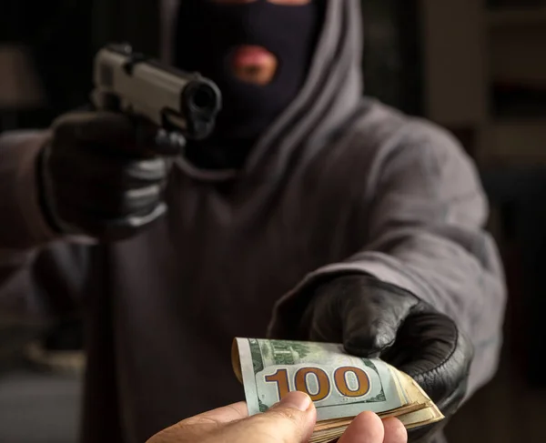 Robber Balaclava Threatens Gun Stealing Money Armed Robbery Gunman Pistol — Stock Photo, Image