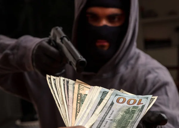 Armed Robbery Thief Pistol Gloved Hand Man Balaclava Threatens Gun — Stock Photo, Image