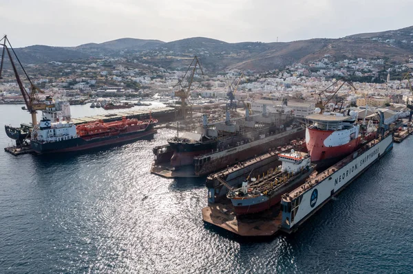 Syros Island Cyclades Greece May 2021 Neorion Shipyard Harbour Industrial — Stock Photo, Image