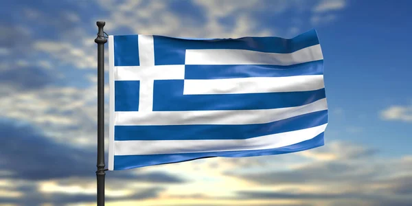 Signo Grécia Símbolo Bandeira Oficial Nacional Grega Acenando Pólo Céu — Fotografia de Stock