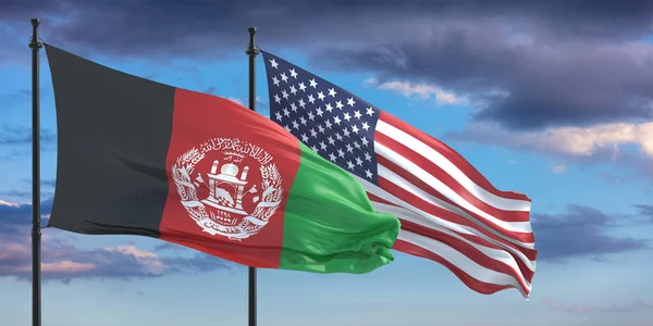 아프가니스탄 외교와 이슬람 공화국 미국의 국기가 위에서 흔들고 장대에 — 스톡 사진