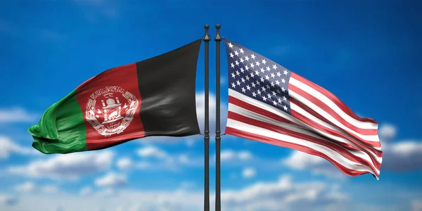 아프가니스탄 논쟁중이다 이슬람 공화국아프 가니스와 미국의 국기가 위에서 흔들며 반대하고 — 스톡 사진