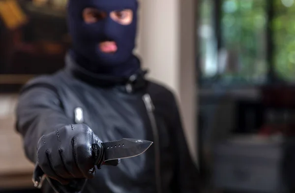 Burglar Balaclava Holding Knife Gloved Hand Armed Robbery Concept Robber — Stock Photo, Image