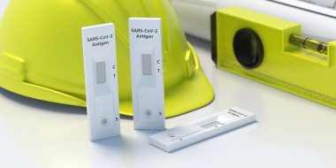 COVID 19 hızlı test ve beyaz arka planda inşaat başlığı. Coronavirus, proje sitesi konseptinde kendini test ediyor. 3d illüstrasyon