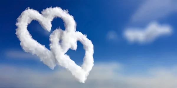 Valentine day card template. Heart shape clouds interlocking on blue sky background, copy space. Love is in the air, honeymoon plane travel. Fluffy white smoke plane trail. 3d illustration