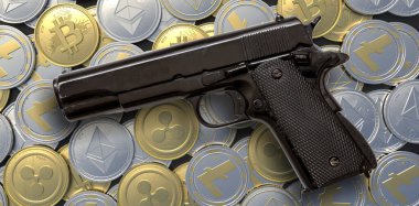 Şifreli paraların üzerindeki tabanca. Kripto para birimi riski ve güvenlik, elektronik dolandırıcılık konsepti. Üst Manzara. 3d illüstrasyon