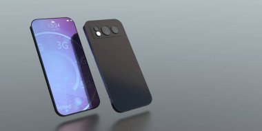 Arka tarafta cep telefonu üçlü kamerası, ön tarafta tarih ve saat, gri renkli arka planda uçmak, kopyalama alanı, şablon. 3d illüstrasyon