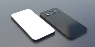 Akıllı telefon beyaz boş ekran ve arka tarafta üçlü kamera, siyah arkaplanda cep telefonu, kopyalama alanı, şablon. 3d illüstrasyon