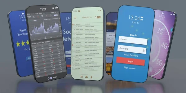 Gri Arka Planda Uçan Cep Telefonları Akıllı Telefon Ekranlarındaki Çeşitli — Stok fotoğraf