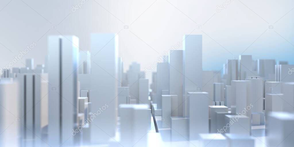 Abstract geometric urban greeble cube background. City buildings futuristic architecture model, white gray color, 3d illustration