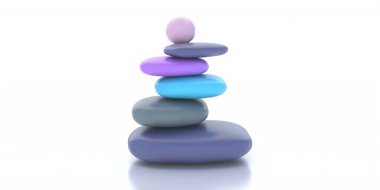 Dengeli çakıl taşları, beyaz zemin üzerinde izole edilmiş pürüzsüz Zen taşları yığılmış piramit. Alternatif bütünsel yaşam tarzı, Feng Shui ve meditasyon konsepti. 3d illüstrasyon